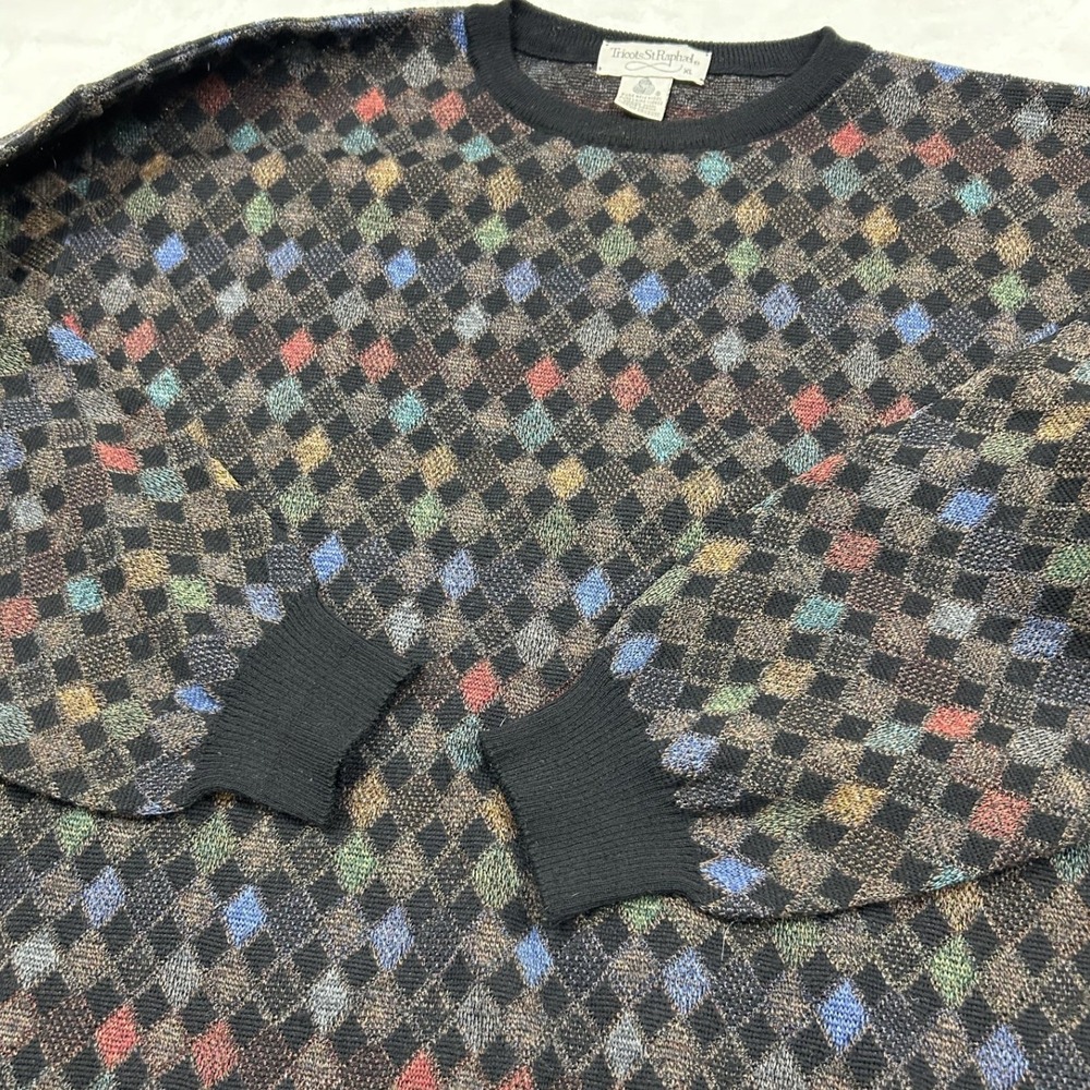 Tricots St Raphael Sweater Mens XL Black Argyle Diamond Knit Crew Neck Sleeve